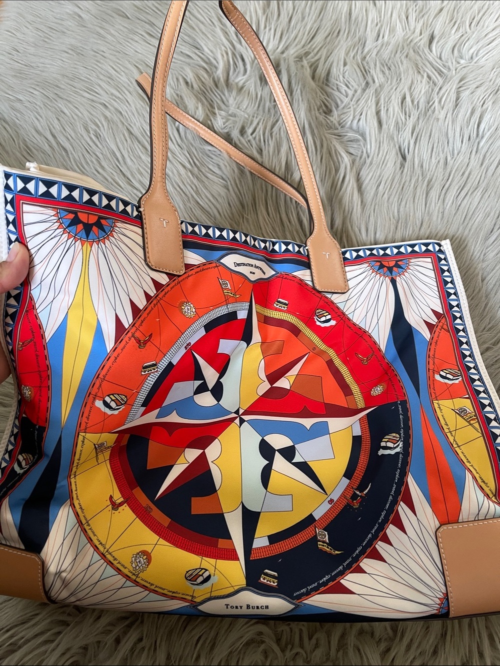 Tory Burch Multicolor Compass Graphic Tote with Tan Leather Handles - Picture 3 of 13